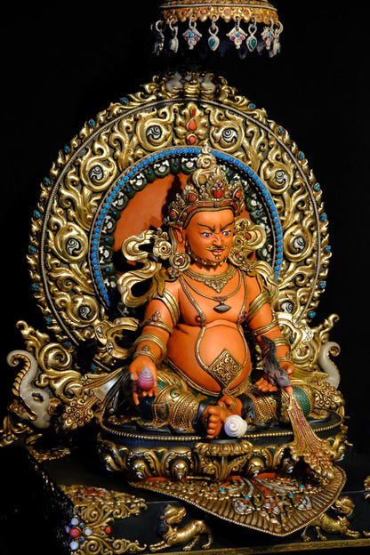 Yellow Jambhala Buddha Statue 58cm / 22.8" Hand-Carved Copper Painted with Gemstone Inlay – Traditional Himalayan Art Collection Nepal