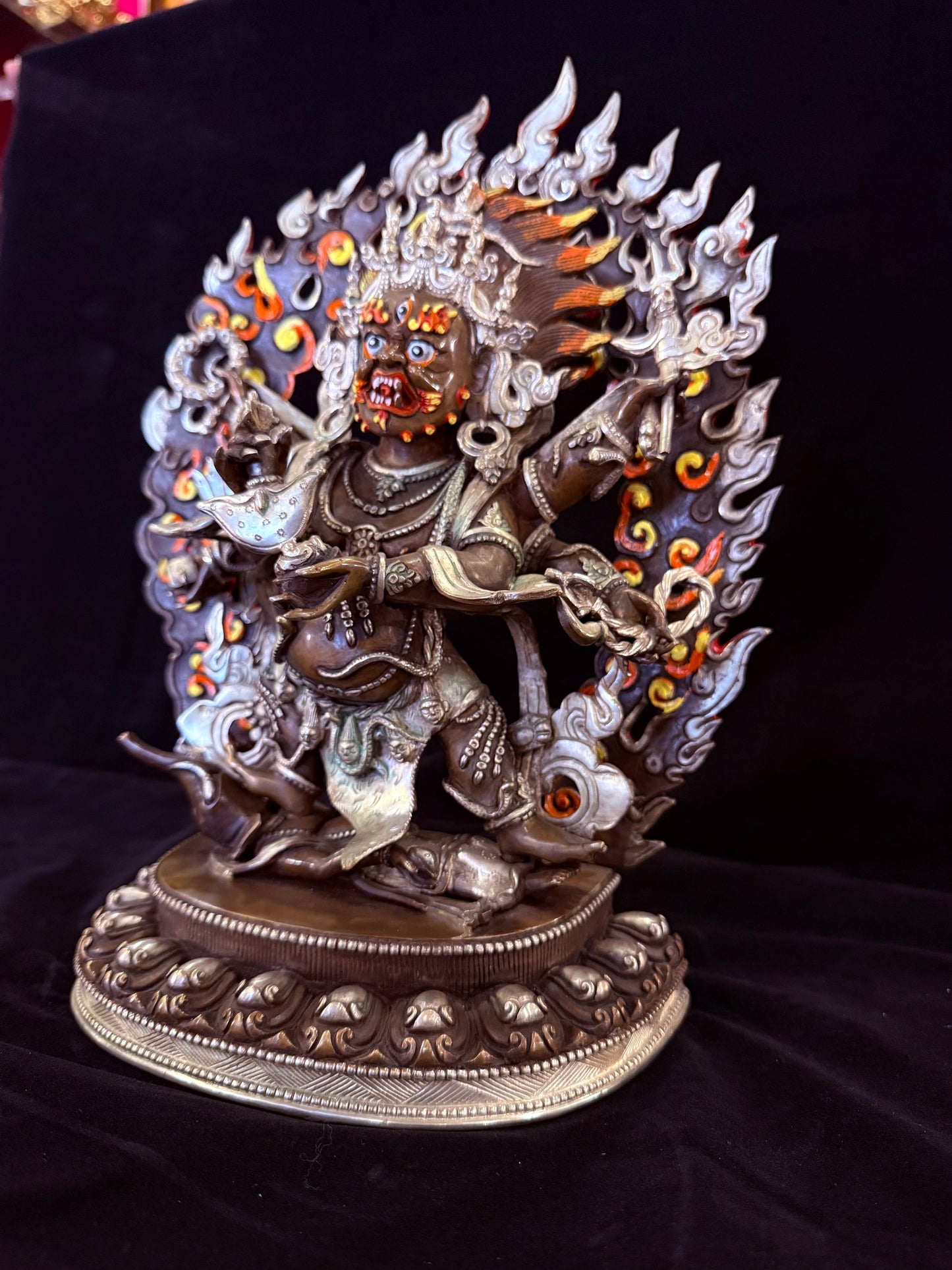Six-Armed Mahakala Statue 33cm / 13" Hand-Carved Copper Silver-Gilt with Painted Mandorla – Shadbhuja Botree Arts Himalayan Art – Handmade Tibetan Buddhist Statue, Lost-Wax Cast Himalayan Art from Nepal