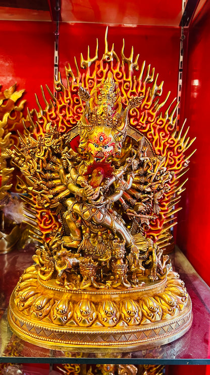 Yamantaka Buddha Statue 37cm / 14.6" Hand-Carved Copper Gilded & Painted – Vajrabhairava Himalayan Sacred Art