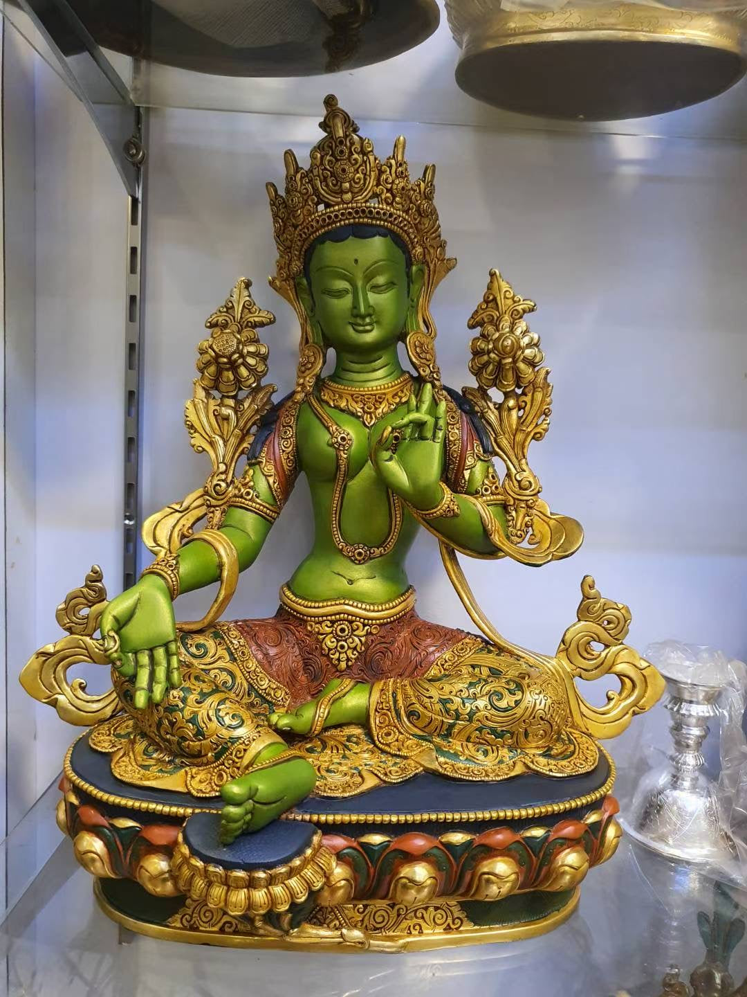 Green Tara Statue 33cm Hand-Carved Copper Gilded & Painted – Museum-Quality Masterwork, Tibetan Style Bodhisattva from Nepal | Bo Tree Arts