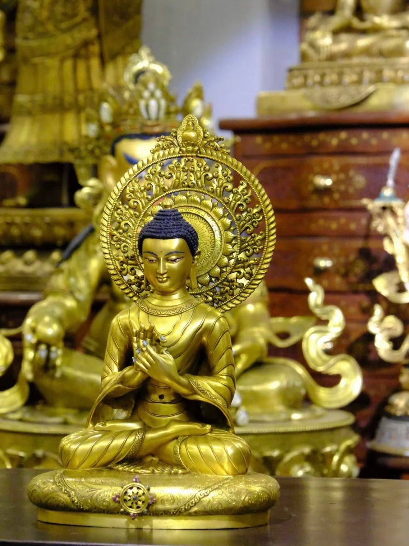 Shakyamuni Buddha in Dharmachakra Mudra (Teaching Buddha) Statue 38cm / 15" Hand-Carved Copper Gilded – Museum-Quality Himalayan Art Nepal | Bo Tree Arts