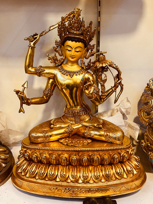 Four-Armed Manjushri Buddha Statue 38cm / 15" Hand-Carved Copper Gilded – Chaturbhuja Jampelyang Collector's Masterwork | Bo Tree Arts