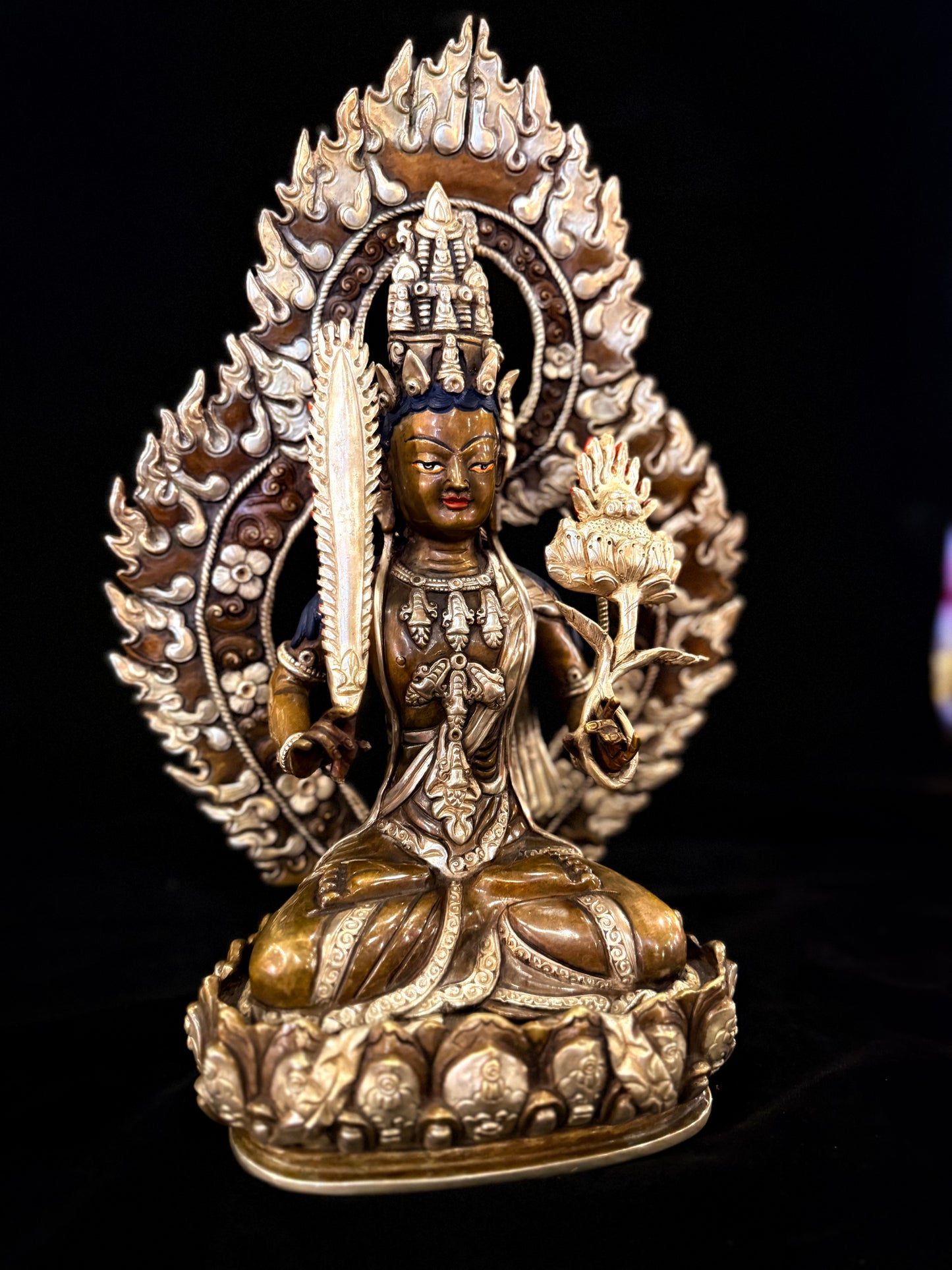 Akashagarbha Buddha Statue 35cm / 13.8" Hand-Carved Copper Silver-Gilt – Space Treasury Bodhisattva Botree Arts Masterwork – Handmade Tibetan Buddhist Statue, Lost-Wax Cast Himalayan Art from Nepal