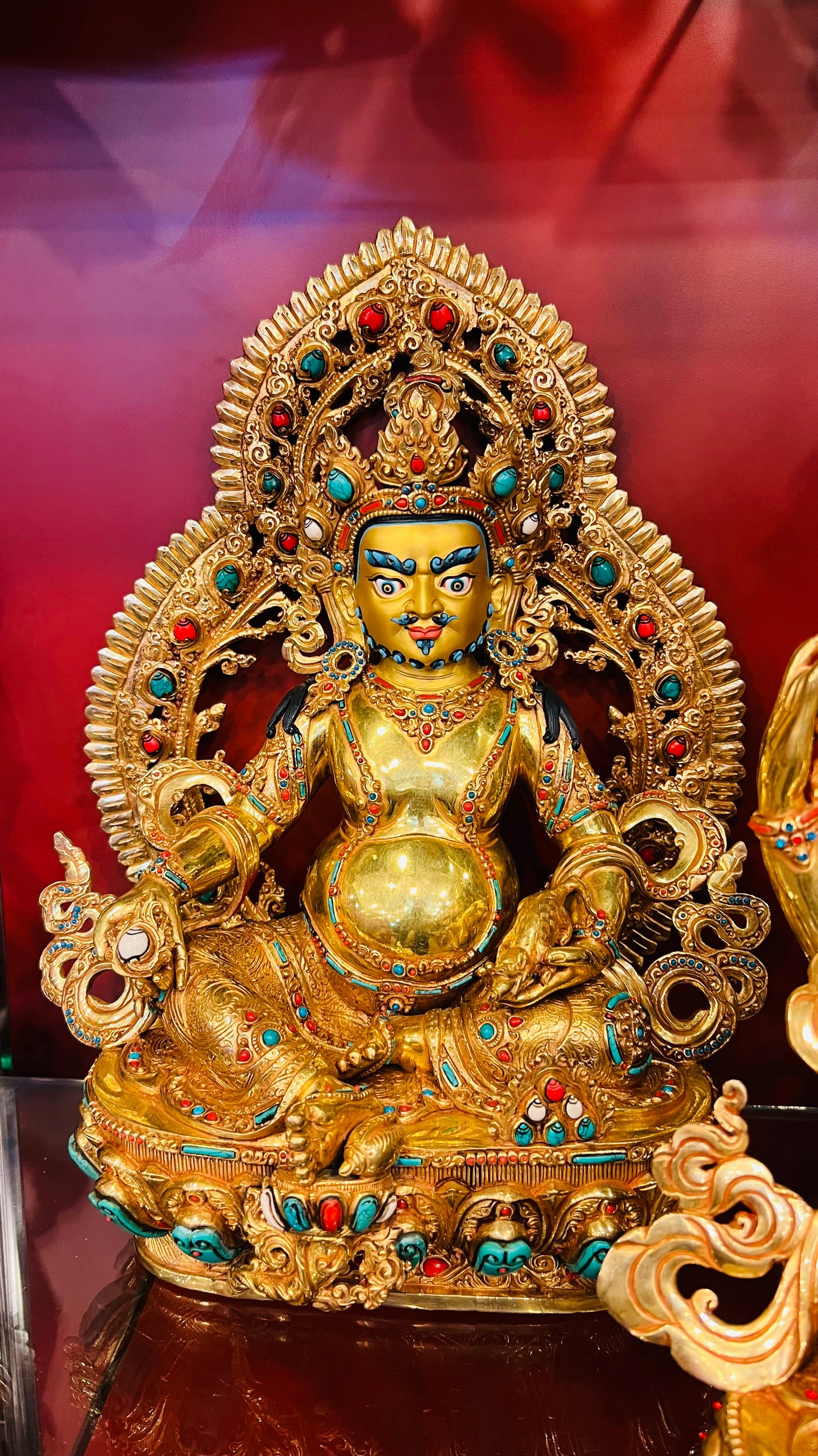 33cm Yellow Jambhala Statue Hand-Carved Copper Gilded with Gemstone Inlay & Mandorla – Tibetan Buddhist Wealth Deity Masterwork Nepal – Handmade Tibetan Buddhist Statue, Lost-Wax Cast Himalayan Art from Nepal
