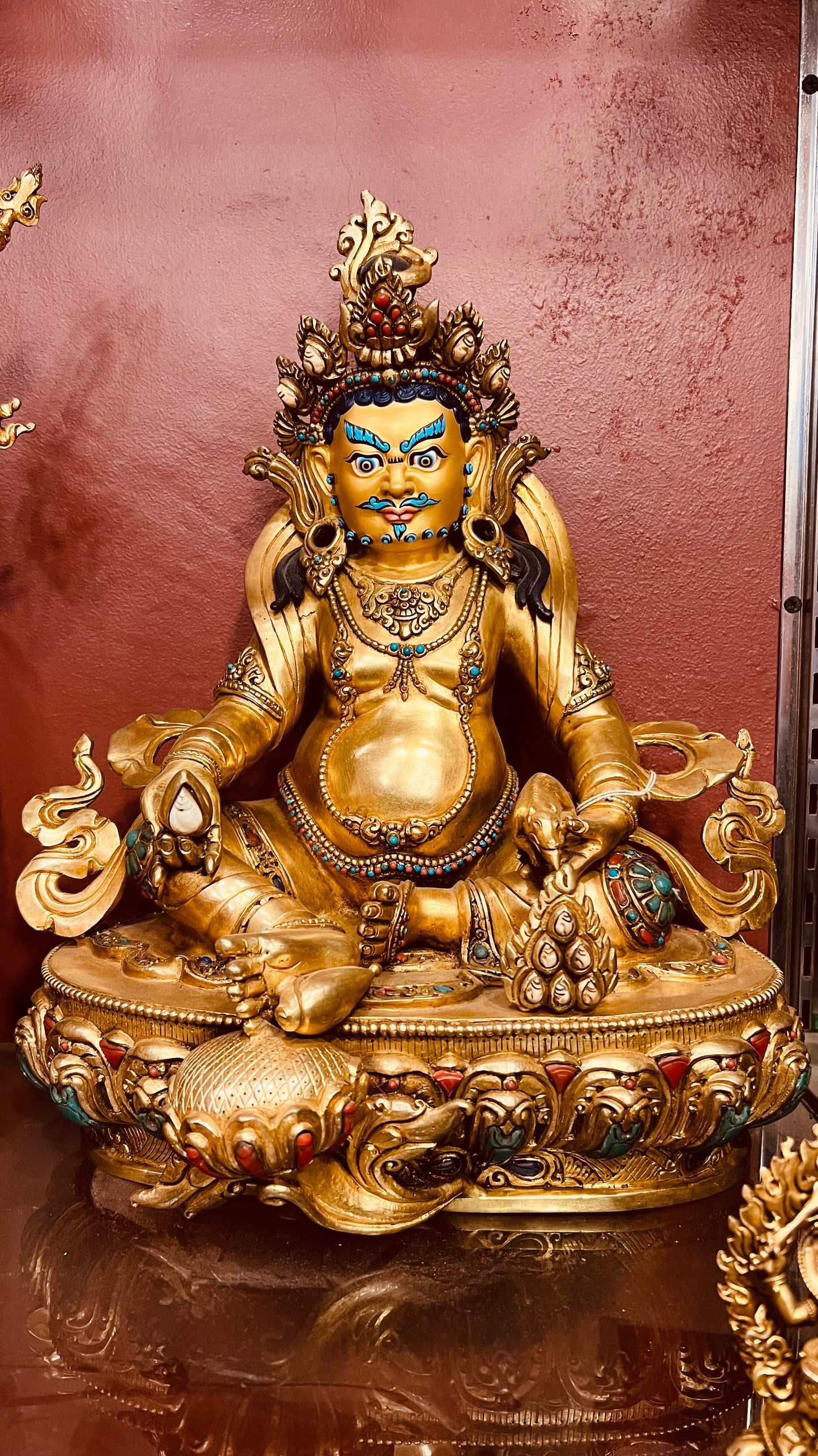 Yellow Jambhala Buddha Statue 34cm / 13.4" Hand-Carved Copper Gilded with Gemstone Inlay – Dzambhala Artisan Masterwork Nepal – Handmade Tibetan Buddhist Statue, Lost-Wax Cast Himalayan Art from Nepal