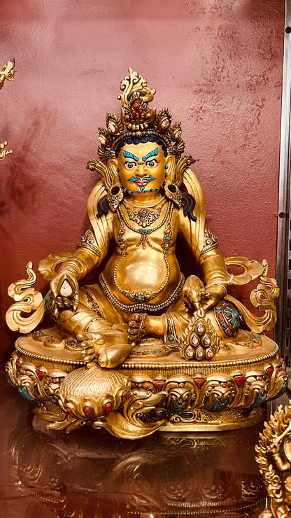 Yellow Jambhala Buddha Statue 34cm / 13.4" Hand-Carved Copper Gilded with Gemstone Inlay – Dzambhala Artisan Masterwork Nepal
