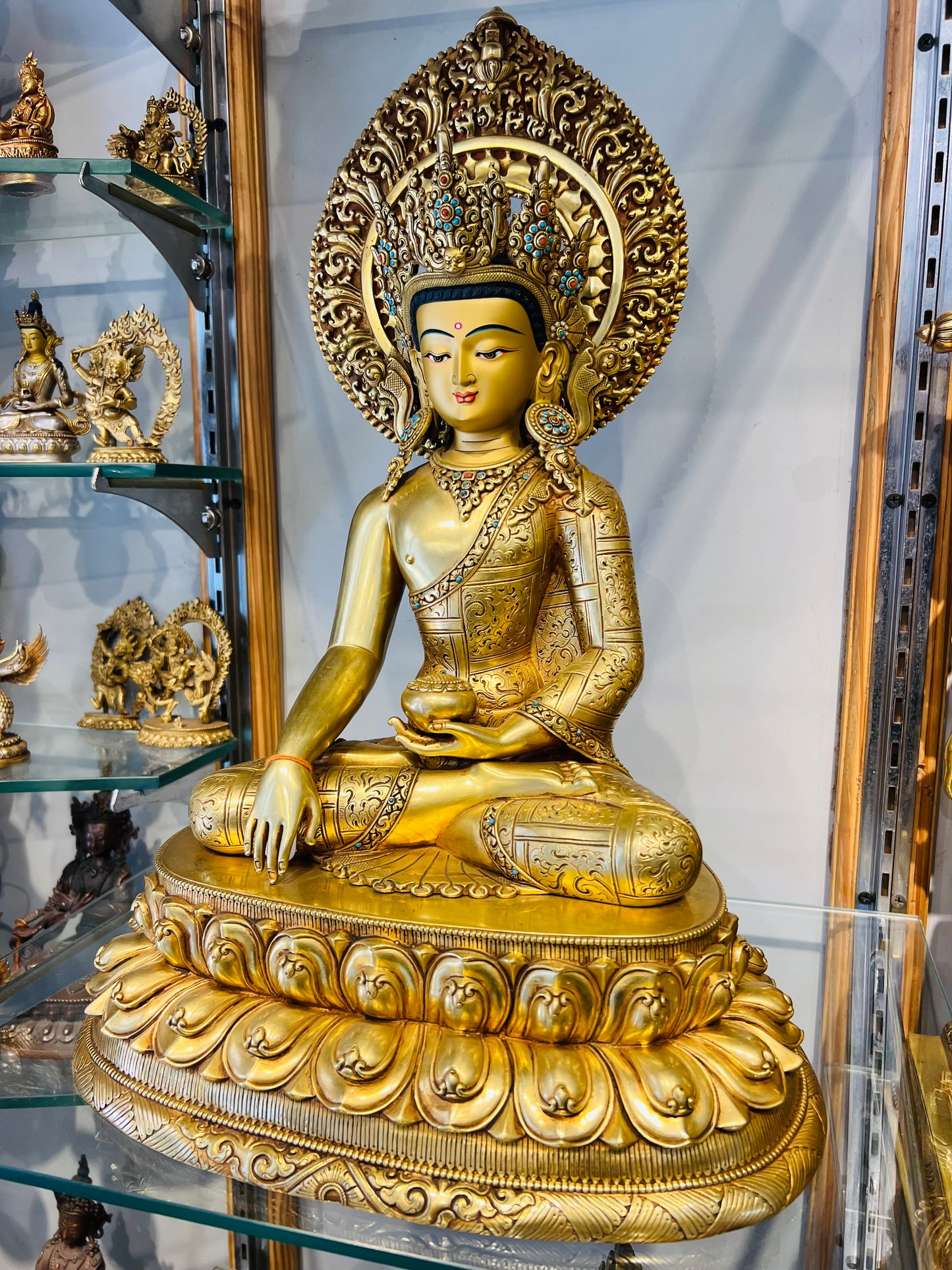 Shakyamuni Buddha Statue 40cm / 15.7" Hand-Carved Copper Gilded with Mandorla – Historical Buddha Botree Arts Himalayan Art – Handmade Tibetan Buddhist Statue, Lost-Wax Cast Himalayan Art from Nepal