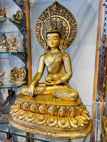 Shakyamuni Buddha Statue 40cm / 15.7" Hand-Carved Copper Gilded with Mandorla – Historical Buddha Botree Arts Himalayan Art