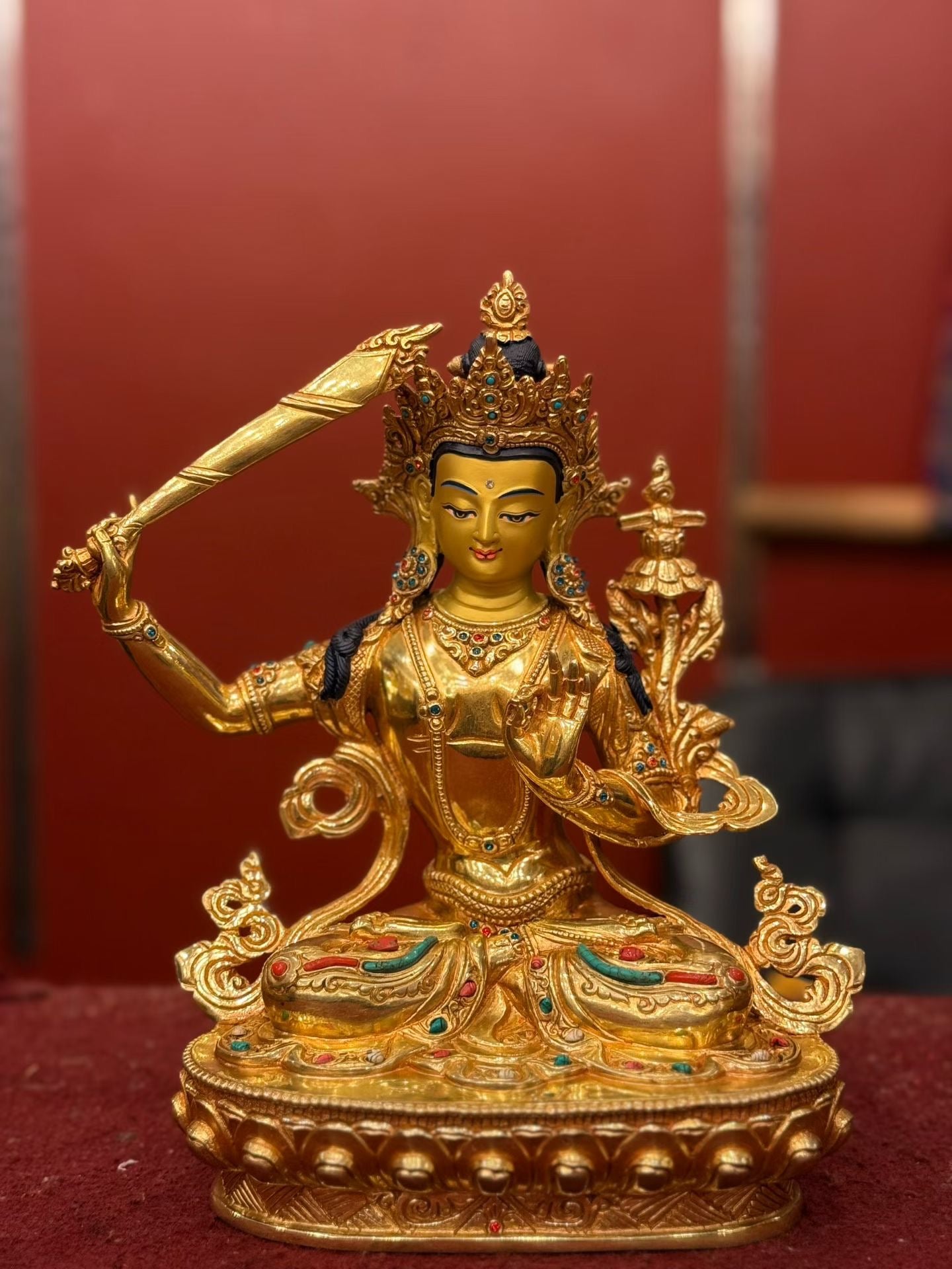 Manjushri (Bodhisattva of Wisdom) Buddha Statue 25cm / 9.8" Hand-Carved Copper Gilded – Himalayan Art Nepal | Bo Tree Arts