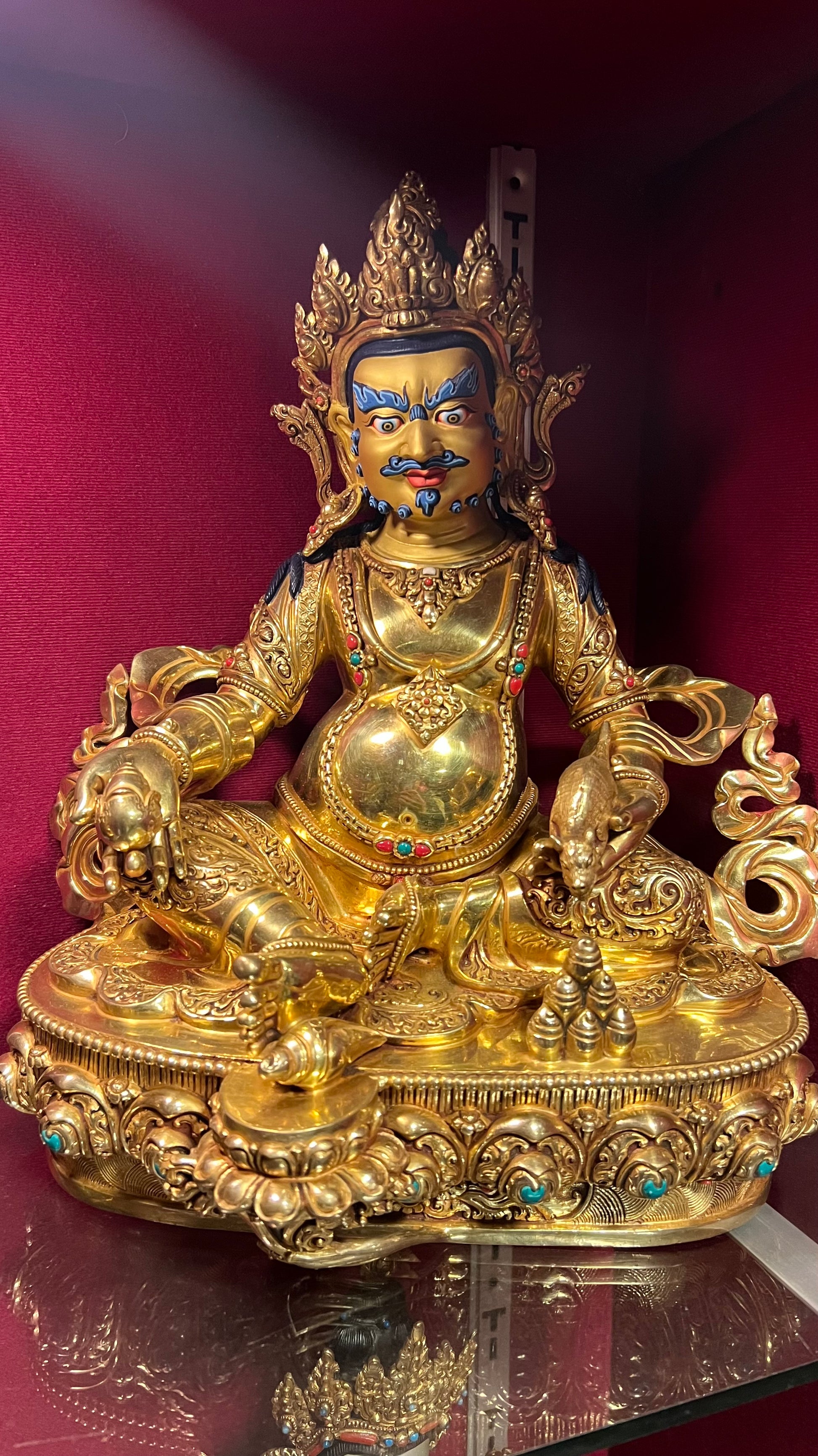 33cm Yellow Dzambhala Hand-Carved Brass Statue – Tibetan Buddhist Wealth Deity, Jambhala Kubera Altar Sculpture from Nepal | Bo Tree Arts