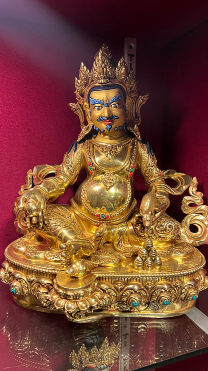 33cm Yellow Dzambhala Hand-Carved Brass Statue – Tibetan Buddhist Wealth Deity, Jambhala Kubera Altar Sculpture from Nepal
