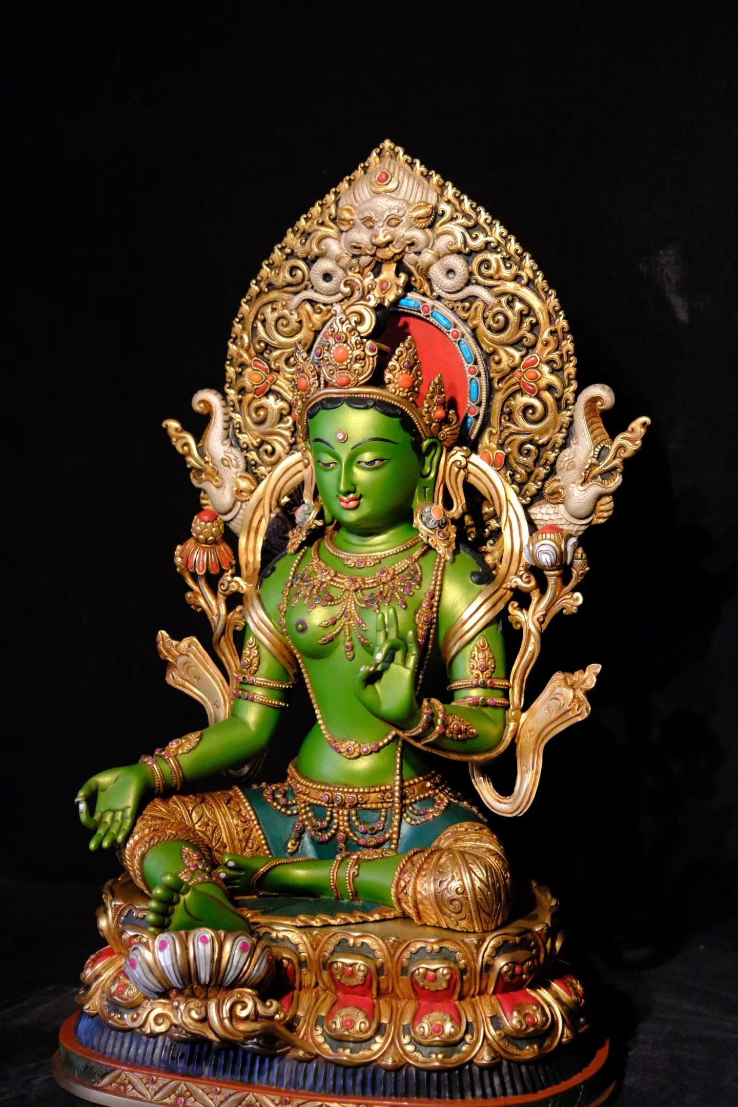 Green Tara (Mother of Liberation) Buddha Statue 42cm / 16.5" Hand-Carved Copper Gilded Painted with Mandorla – Masterwork Himalayan Art Nepal – Handmade Tibetan Buddhist Statue, Lost-Wax Cast Himalayan Art from Nepal