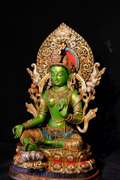 Green Tara (Mother of Liberation) Buddha Statue 42cm / 16.5" Hand-Carved Copper Gilded Painted with Mandorla – Masterwork Himalayan Art Nepal