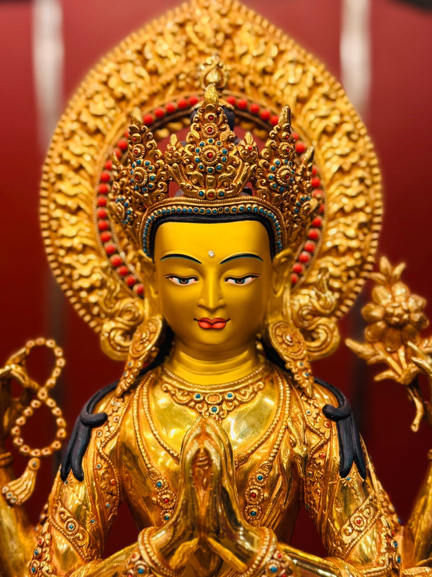 Chenrezig Buddha Statue 50cm / 19.7" Hand-Carved Copper Gilded with Gemstone Inlay – Four-Armed Avalokiteshvara Botree Arts Nepal – Handmade Tibetan Buddhist Statue, Lost-Wax Cast Himalayan Art from Nepal
