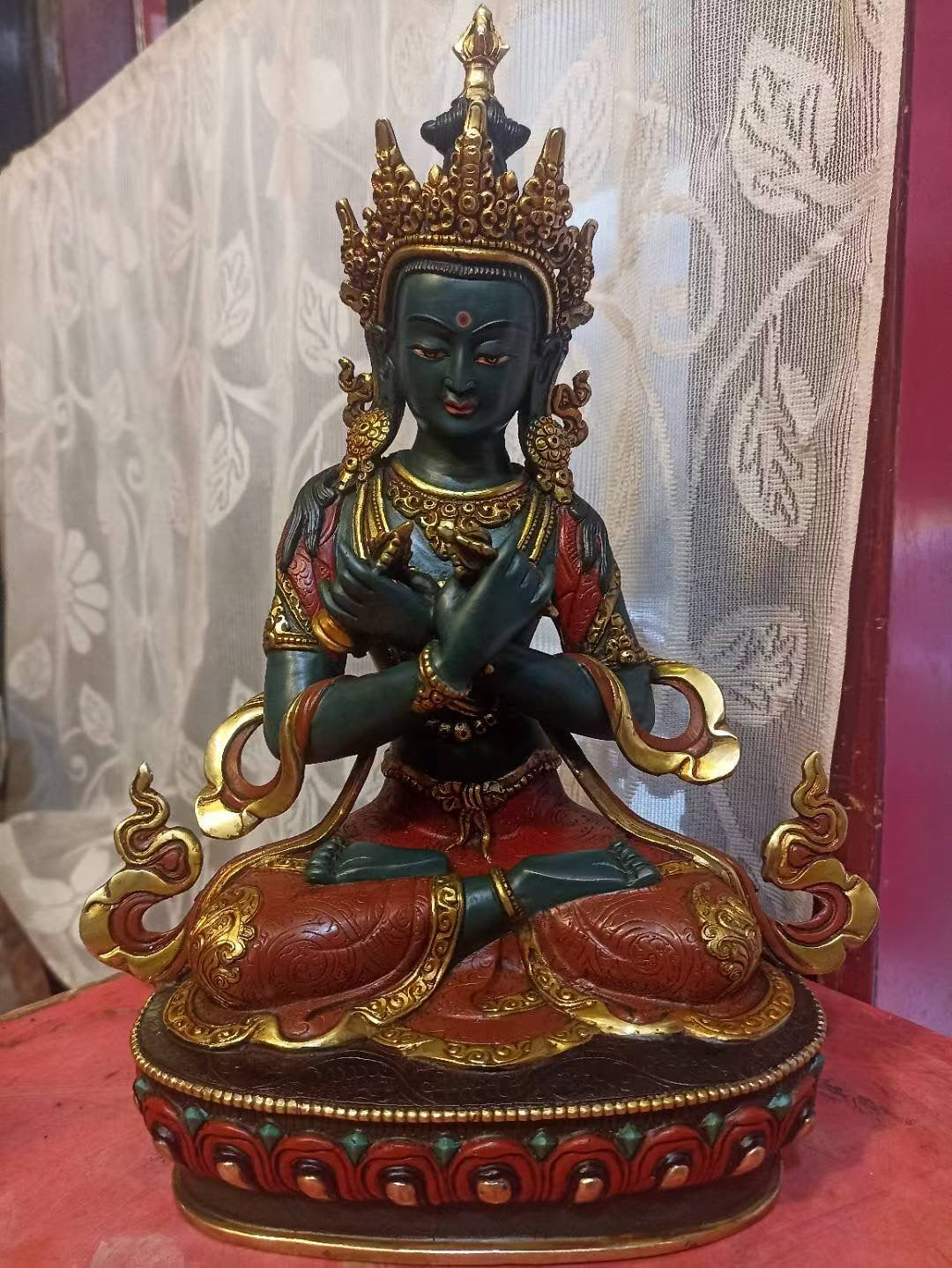 Vajradhara Hand-Carved Copper Painted Statue 33cm / 13" – Ancient Technique Tibetan Style Primordial Buddha Masterwork Himalayan Art Nepal – Handmade Tibetan Buddhist Statue, Lost-Wax Cast Himalayan Art from Nepal