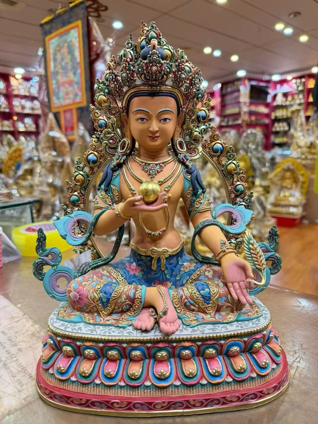 Ksitigarbha Buddha Statue 33cm / 13" Hand-Carved Copper Painted with Gilded Accents – Earth Treasury Bodhisattva Botree Arts Collection – Handmade Tibetan Buddhist Statue, Lost-Wax Cast Himalayan Art from Nepal