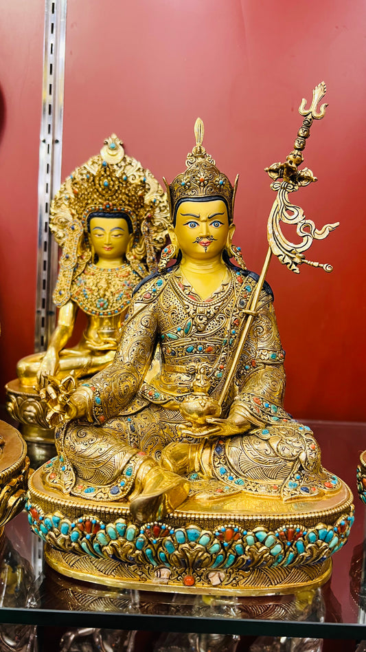 Shakya Clan Masterwork Guru Rinpoche Statue 30cm Hand-Carved Copper Gilded with Gemstone Inlay – Museum-Quality Lotus-Born Master Masterpiece Nepal | Bo Tree Arts