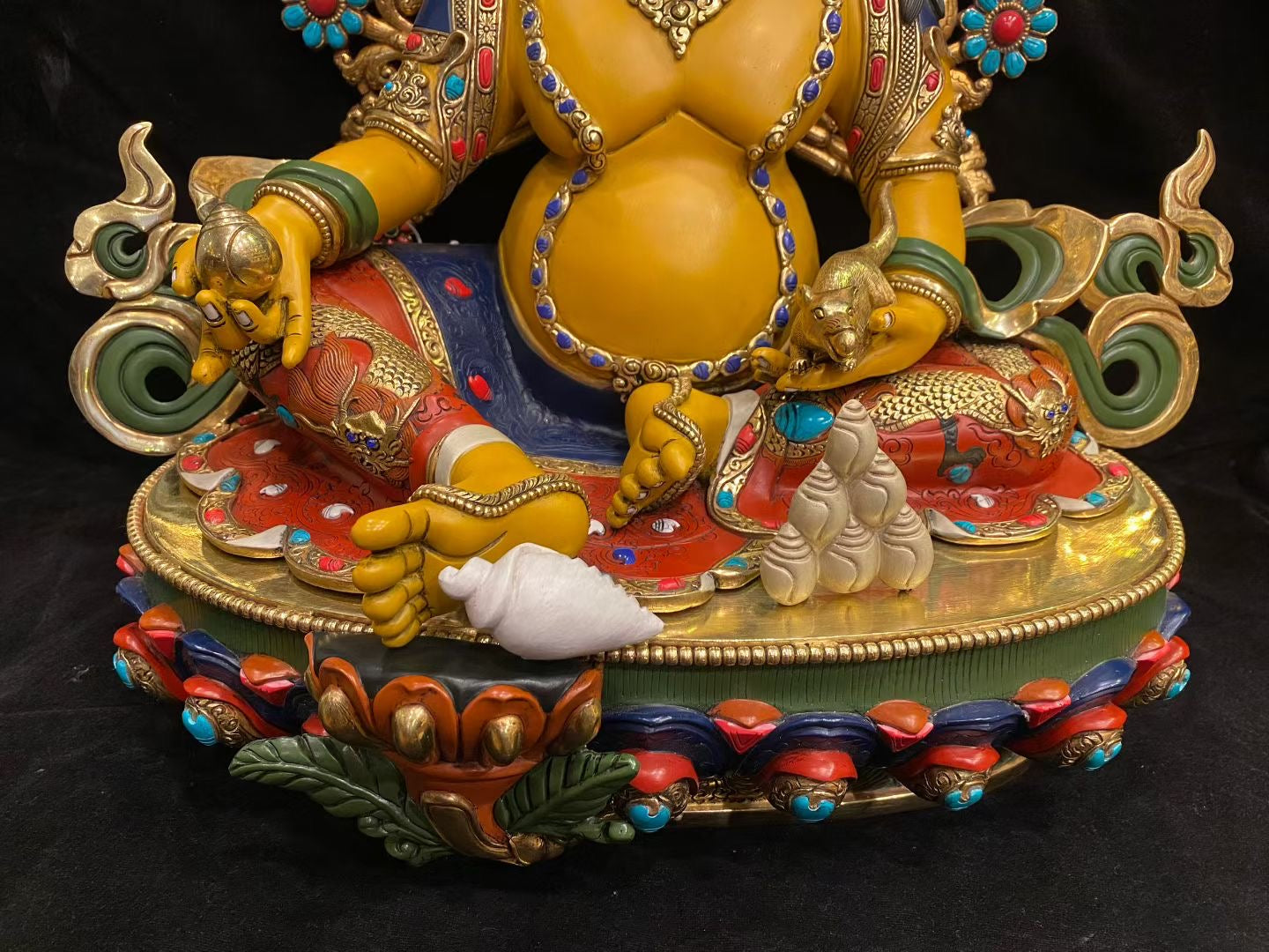 Yellow Jambhala (Wealth Deity) Buddha Statue 55cm / 21.7" Hand-Carved Copper Gilded Painted with Mandorla – Unique Himalayan Art Nepal – Handmade Tibetan Buddhist Statue, Lost-Wax Cast Himalayan Art from Nepal