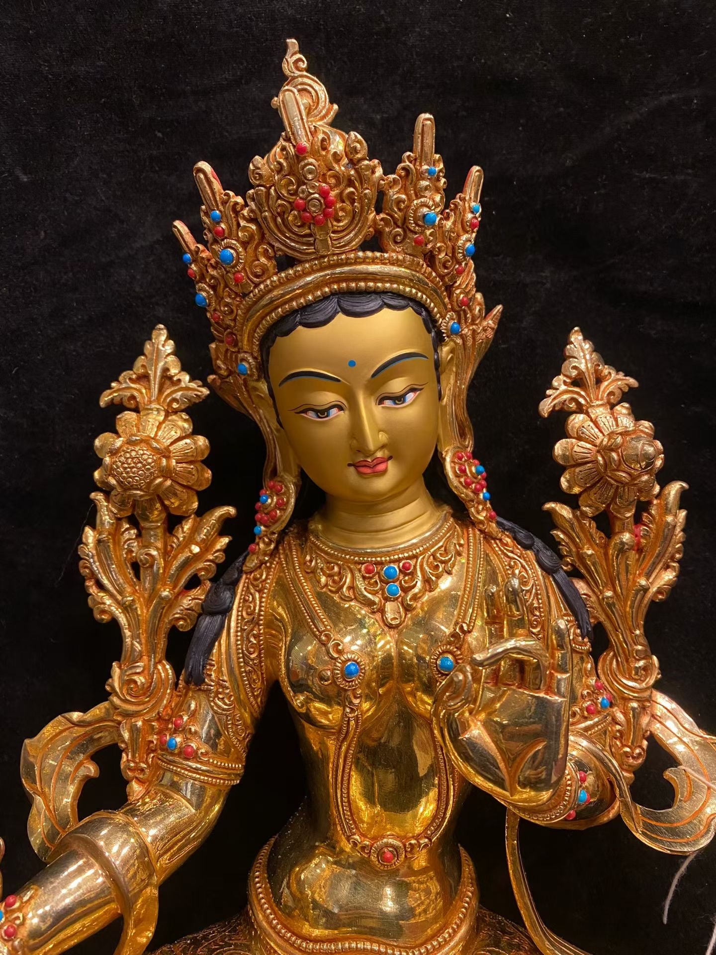 Green Tara (Mother of Liberation) Buddha Statue 35cm / 13.8" Hand-Carved Copper Gilded with Gemstone Inlay – Himalayan Art Nepal | Bo Tree Arts