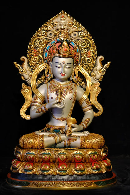 Vajrasattva (Dorje Sempa) Buddha Statue 42cm / 16.5" Hand-Carved Copper Gilded Painted with Mandorla – Masterwork Himalayan Art Nepal