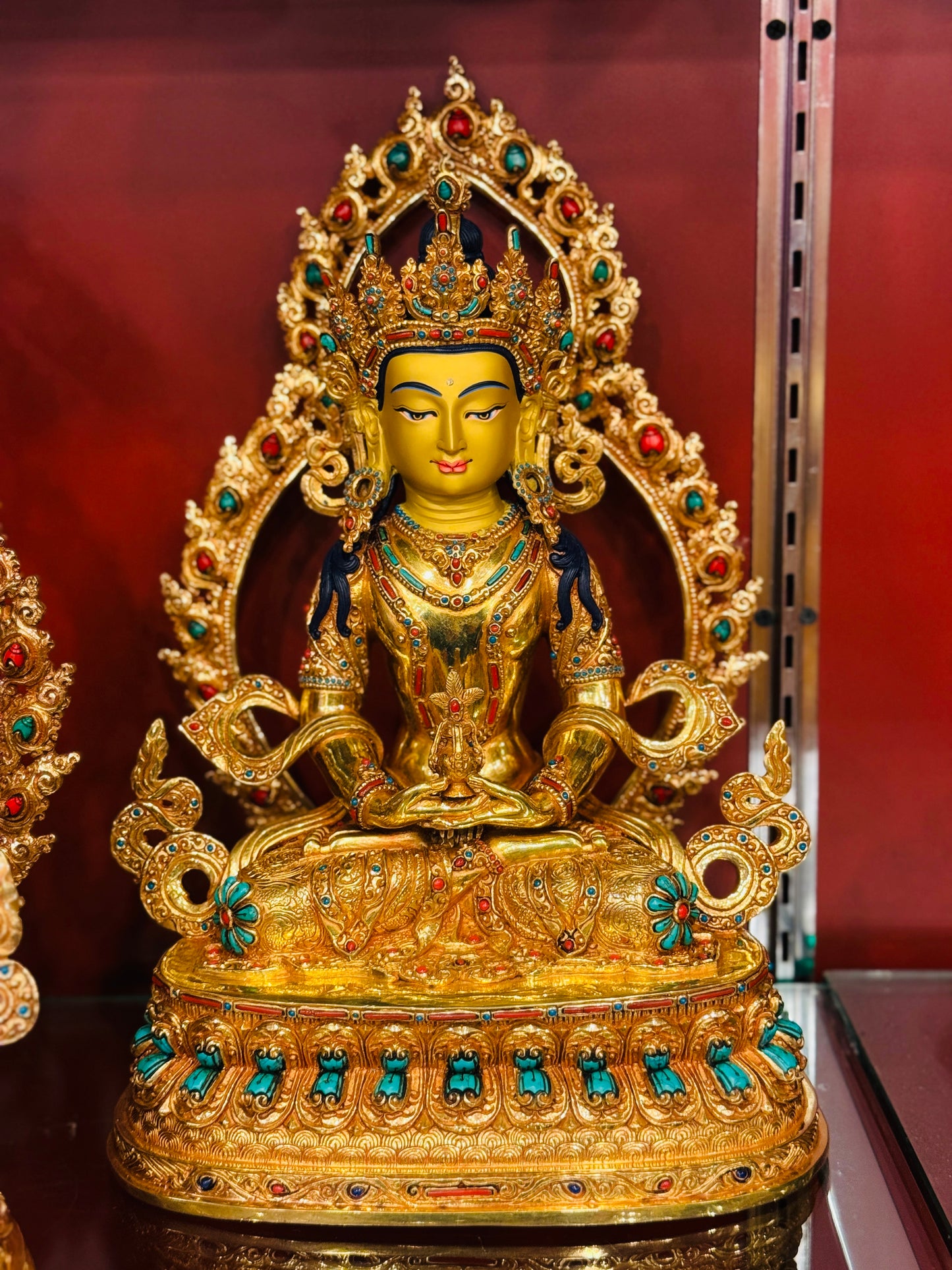 Amitayus Buddha Statue 35cm / 13.8" Hand-Carved Copper Gilded with Gemstone Inlay & Mandorla – Buddha of Infinite Life Handmade in Nepal – Handmade Tibetan Buddhist Statue, Lost-Wax Cast Himalayan Art from Nepal