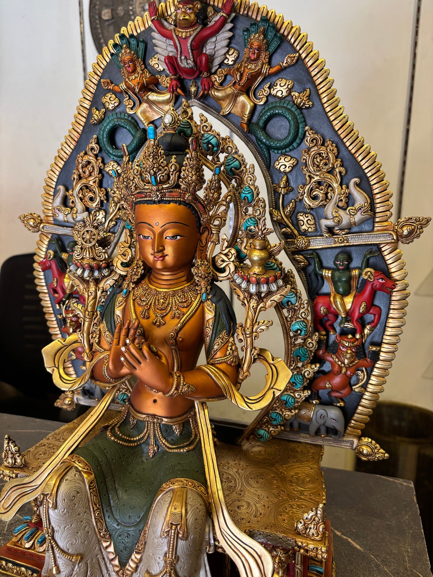 Maitreya Buddha Statue 60cm / 23.6" Hand-Carved Copper Painted – Future Buddha Ancient Technique Masterwork Nepal – Handmade Tibetan Buddhist Statue, Lost-Wax Cast Himalayan Art from Nepal