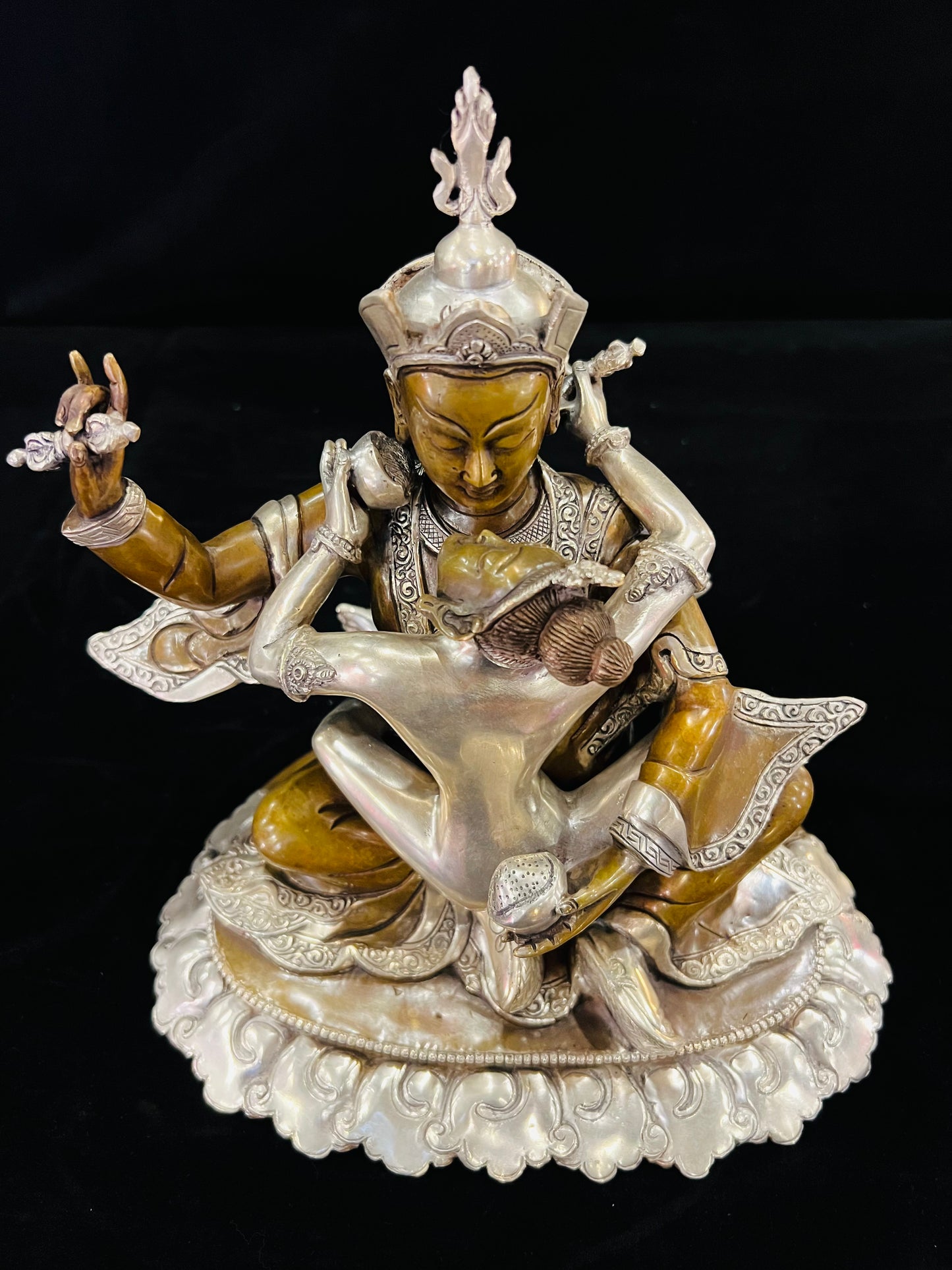Padmasambhava Yab-Yum Statue 24cm / 9.4" Hand-Carved Copper Silver-Gilt – Guru Rinpoche Botree Arts Masterwork – Handmade Tibetan Buddhist Statue, Lost-Wax Cast Himalayan Art from Nepal
