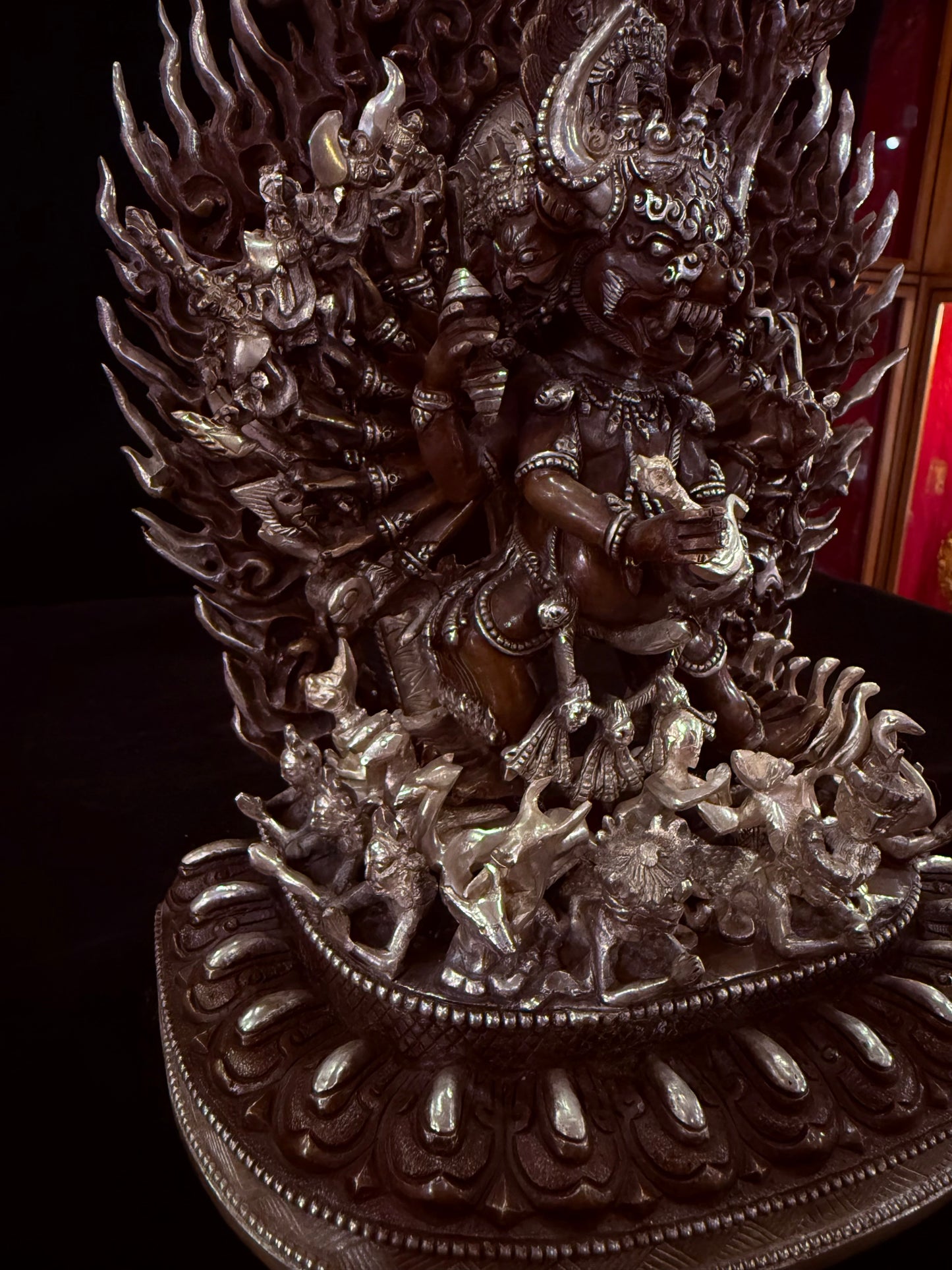 Yamantaka Buddha Statue 30cm / 11.8" Hand-Carved Copper Silver-Gilt – Vajrabhairava Botree Arts Heritage Collection – Handmade Tibetan Buddhist Statue, Lost-Wax Cast Himalayan Art from Nepal