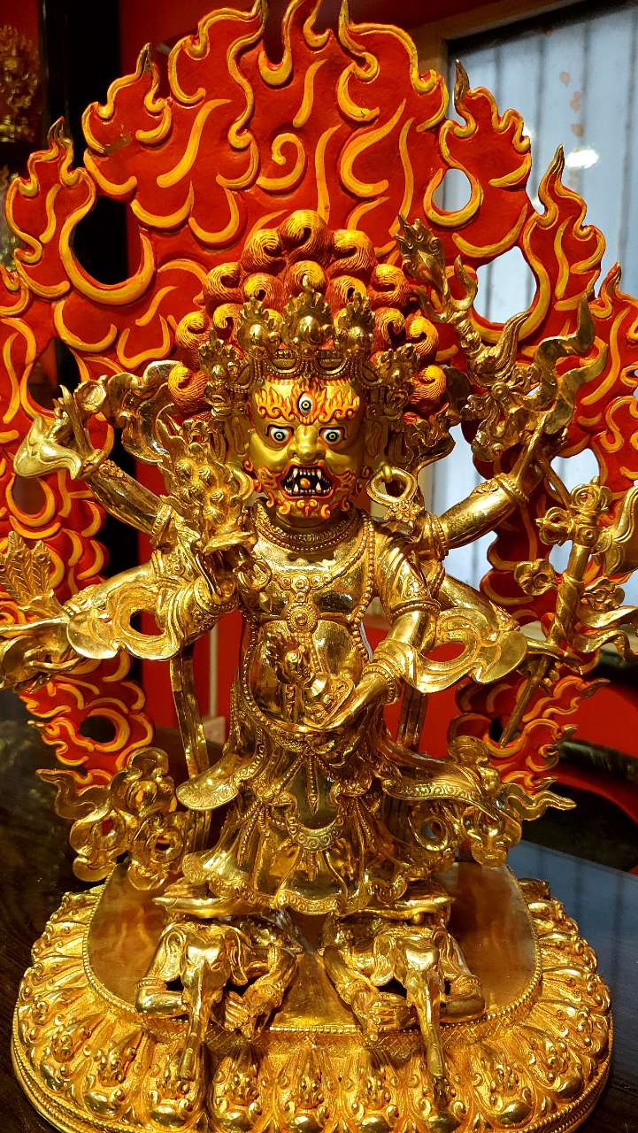 White Mahakala (Shadbhuja Sita) Protector Statue 48cm / 18.9" Hand-Carved Copper Gilded Painted with Mandorla – Himalayan Art Nepal – Handmade Tibetan Buddhist Statue, Lost-Wax Cast Himalayan Art from Nepal