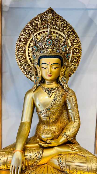 Shakyamuni Buddha Statue 40cm / 15.7" Hand-Carved Copper Gilded with Mandorla – Historical Buddha Botree Arts Himalayan Art