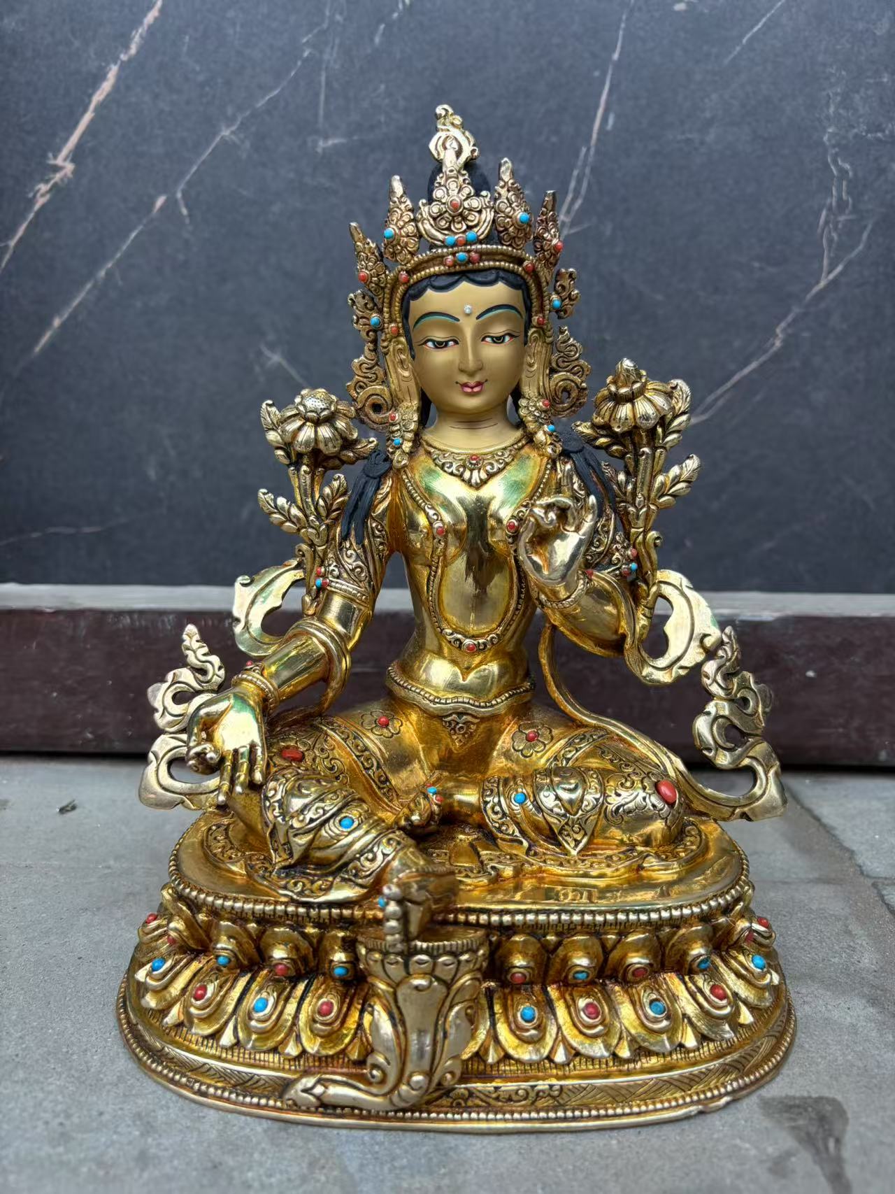 Green Tara Buddha Statue 23cm / 9" Hand-Carved Copper Gilded with Double Lotus Throne – Ancient Technique Himalayan Art Nepal – Handmade Tibetan Buddhist Statue, Lost-Wax Cast Himalayan Art from Nepal