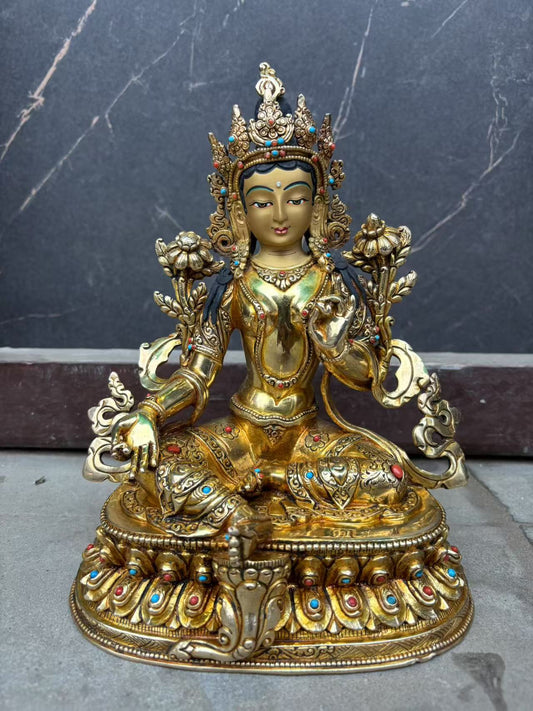 Green Tara Buddha Statue 23cm / 9" Hand-Carved Copper Gilded with Double Lotus Throne – Ancient Technique Himalayan Art Nepal | Bo Tree Arts