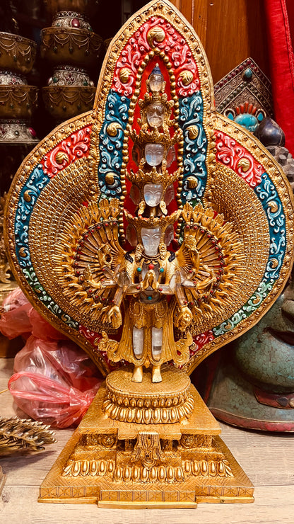 Thousand-Armed Avalokiteshvara Buddha Statue 50cm / 19.7" Hand-Carved Copper Gilded with Painted Mandorla & Crystal Faces – Chenrezig Himalayan Sacred Art