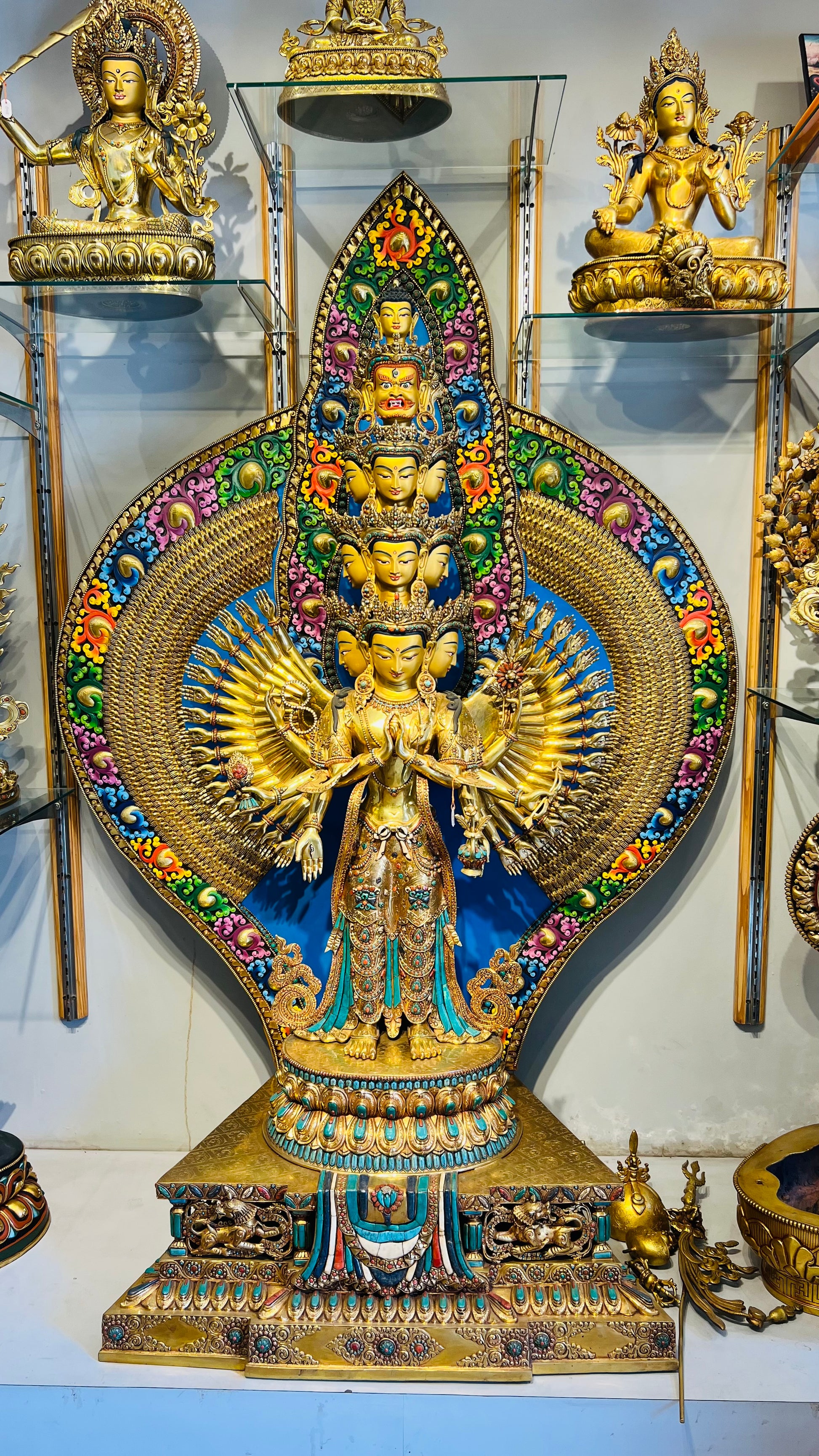 Thousand-Armed Avalokiteshvara Statue 130cm / 51.2" Hand-Carved Copper Gilded Painted with Gemstone Inlay – Chenrezig Monumental Masterwork Nepal | Bo Tree Arts