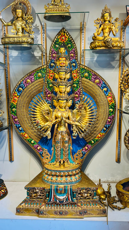 Thousand-Armed Avalokiteshvara Statue 130cm / 51.2" Hand-Carved Copper Gilded Painted with Gemstone Inlay – Chenrezig Monumental Masterwork Nepal
