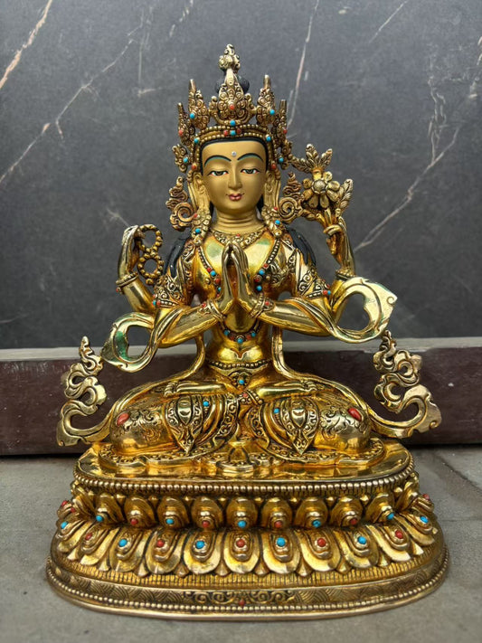 Four-Armed Avalokiteshvara (Chenrezig) Buddha Statue 23cm / 9" Hand-Carved Copper Gilded Himalayan Art Nepal | Bo Tree Arts