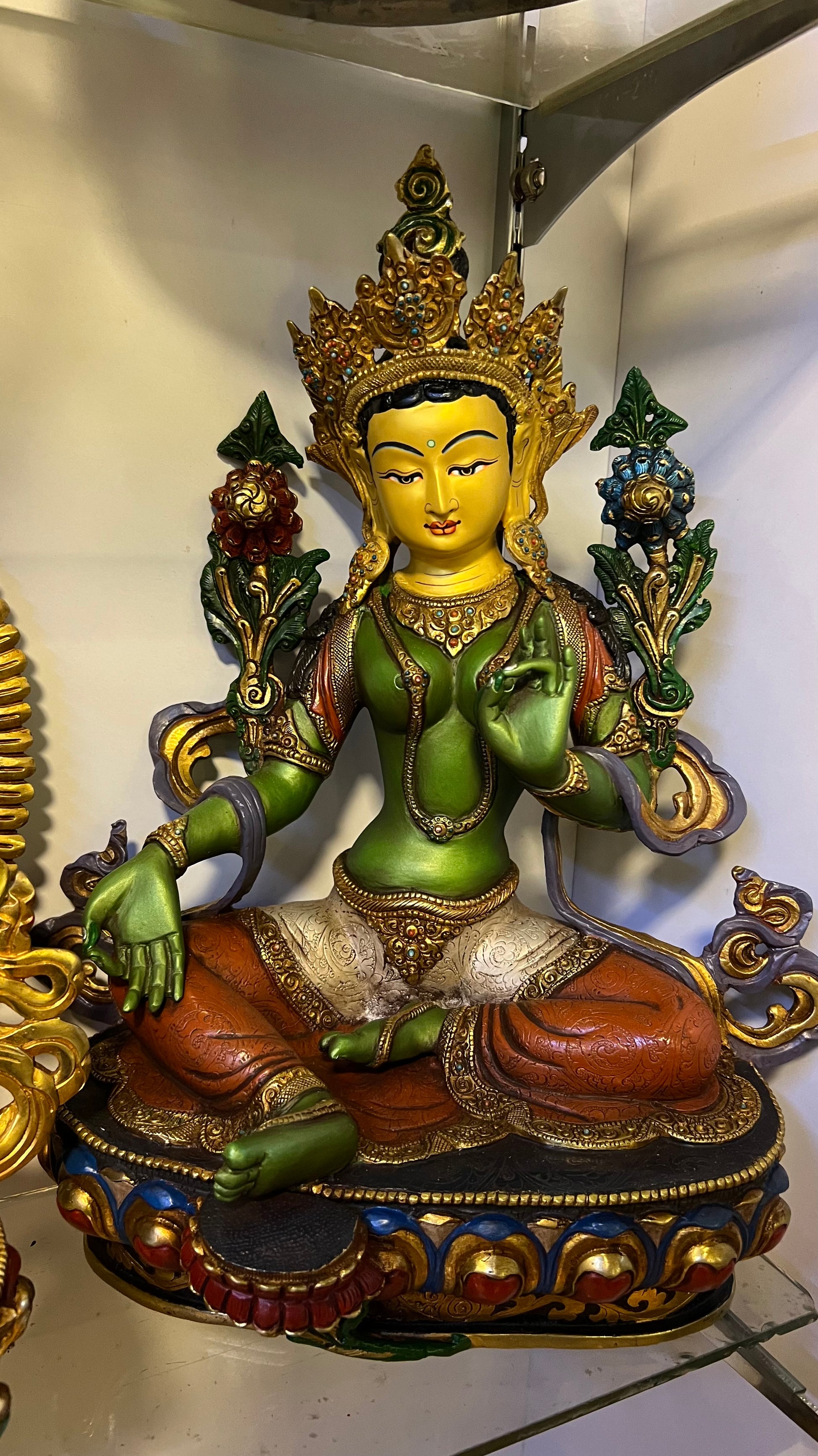 Green Tara Statue 33cm Hand-Carved Copper Painted – Serene Expression, Bodhisattva Masterwork Himalayan Art Nepal | Bo Tree Arts