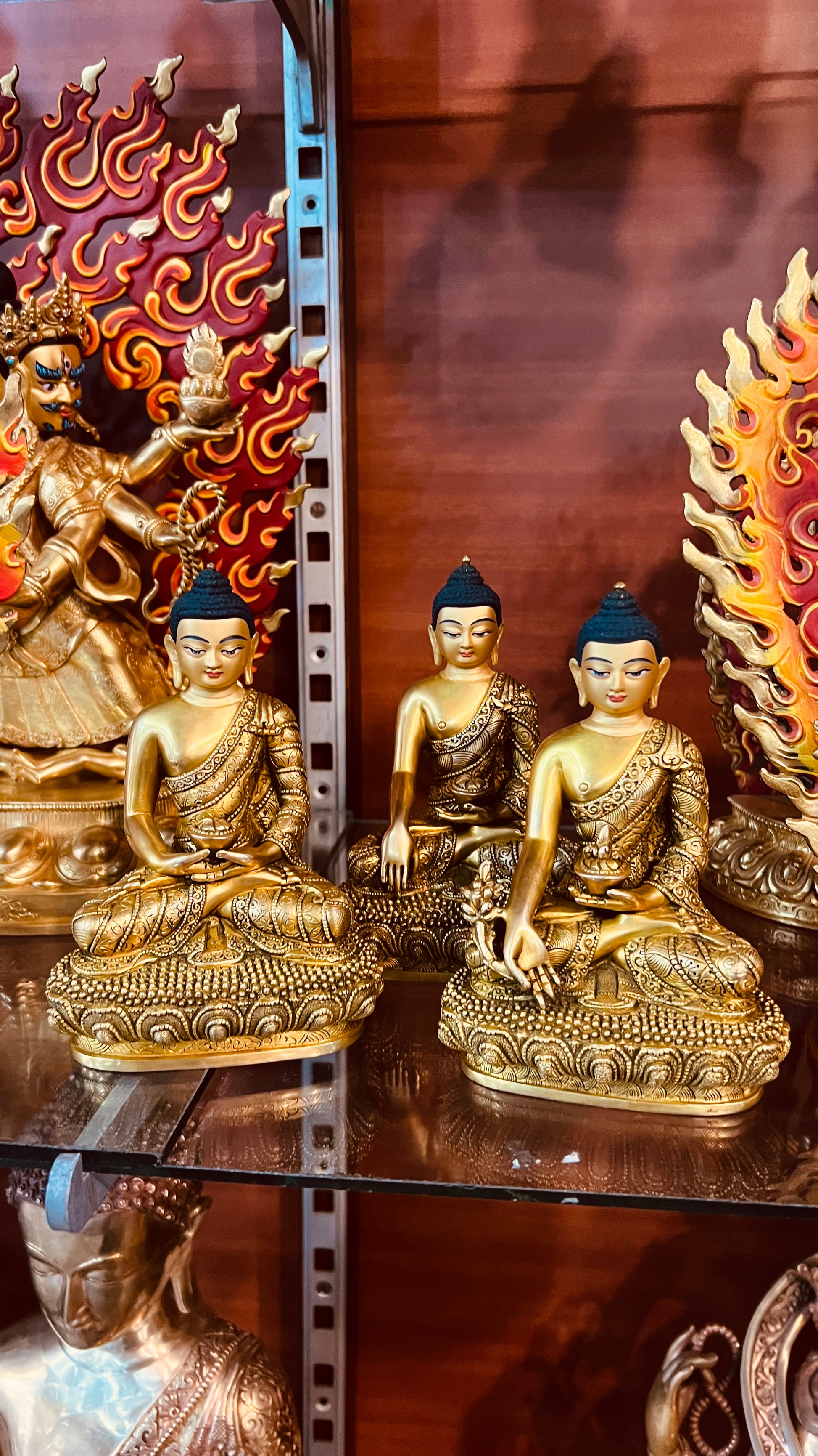 Triple Gem Buddha (Shakyamuni Medicine Buddha Amitabha) Statues 14cm / 5.5" Hand-Carved Copper Gilded – Himalayan Art Nepal | Bo Tree Arts