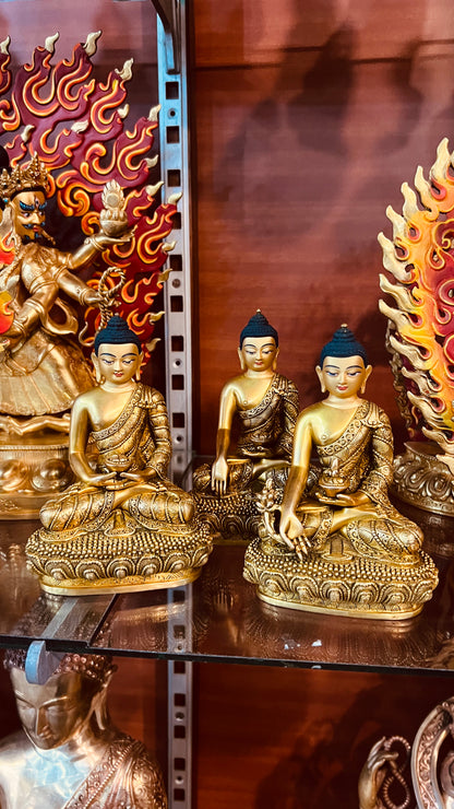 Triple Gem Buddha (Shakyamuni Medicine Buddha Amitabha) Statues 14cm / 5.5" Hand-Carved Copper Gilded – Himalayan Art Nepal
