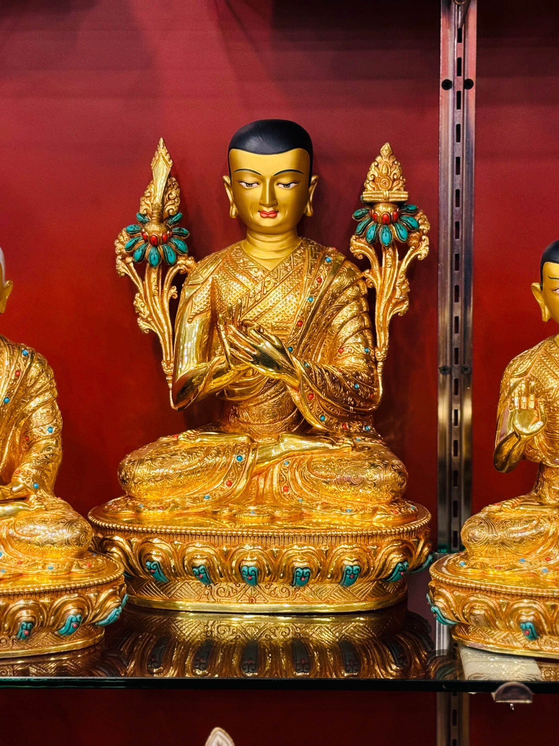 Je Tsongkhapa Master Set Buddha Statues 30cm / 11.8" & 25cm / 9.8" Hand-Carved Copper Gilded with Gemstone Inlay – Botree Arts Himalayan Masterwork Nepal | Bo Tree Arts