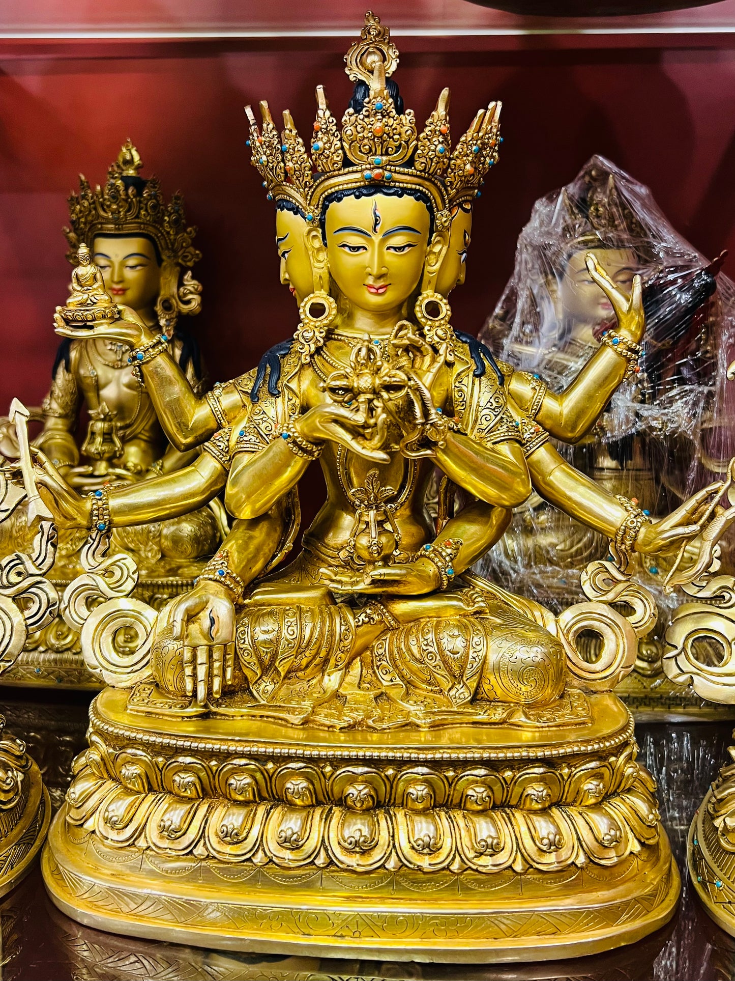 Ushnishavijaya Buddha Statue 34cm / 13.4" Hand-Carved Copper Gilded with Gemstone Inlay – Namgyalma Temple Art Collection – Handmade Tibetan Buddhist Statue, Lost-Wax Cast Himalayan Art from Nepal