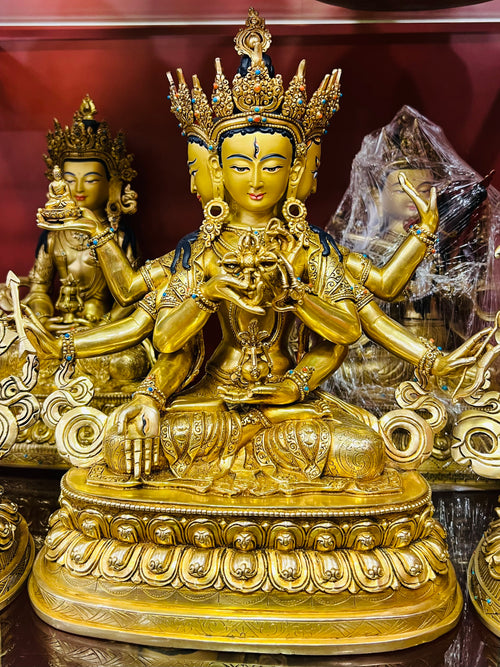 Ushnishavijaya Buddha Statue 34cm / 13.4" Hand-Carved Copper Gilded with Gemstone Inlay – Namgyalma Temple Art Collection
