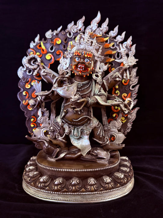Six-Armed Mahakala Statue 33cm / 13" Hand-Carved Copper Silver-Gilt with Painted Mandorla – Shadbhuja Botree Arts Himalayan Art | Bo Tree Arts