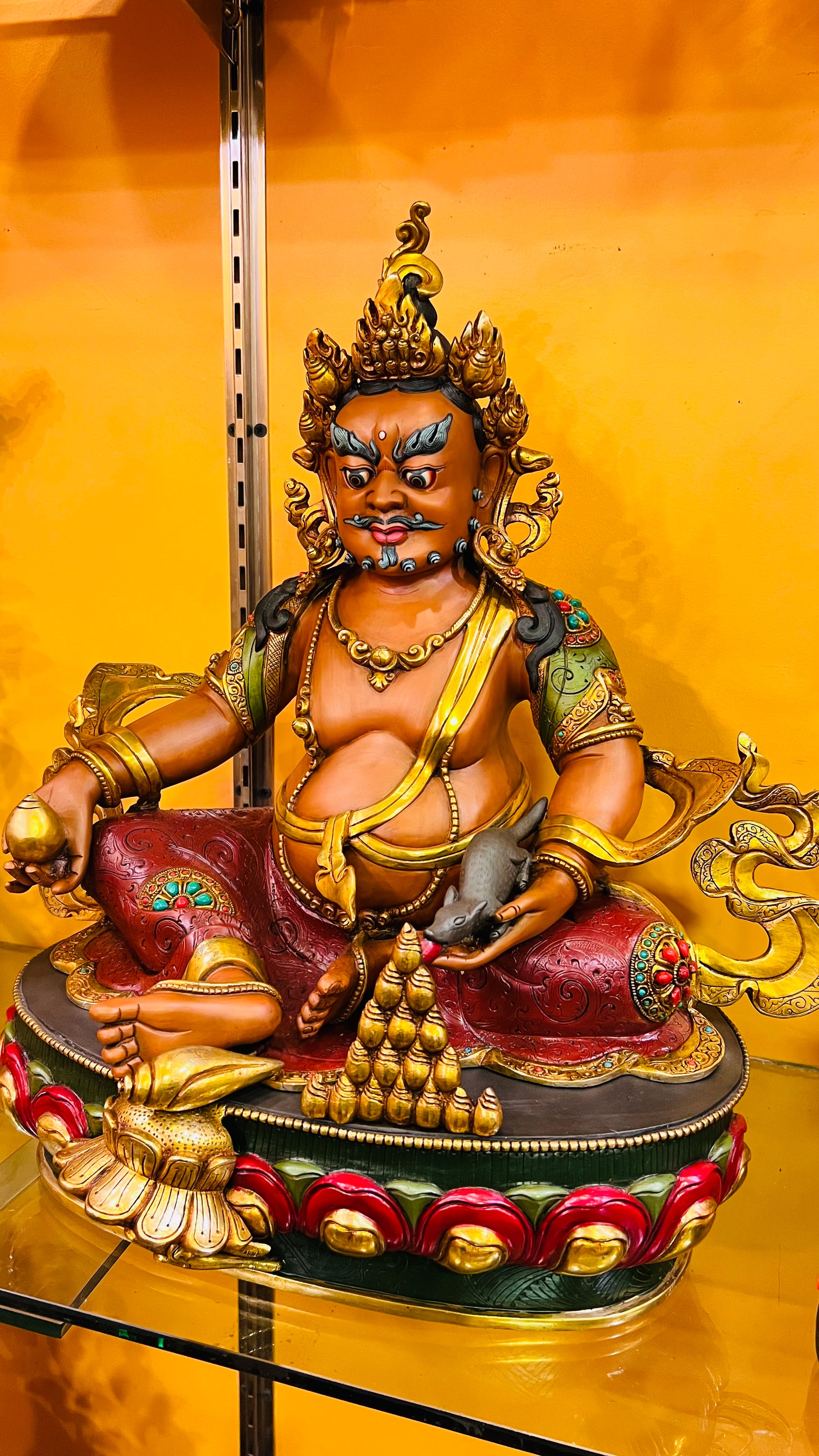 48cm Yellow Jambhala Statue Hand-Carved Copper Painted Three-Color Design – Tibetan Style Wealth Deity Masterwork Nepal | Bo Tree Arts