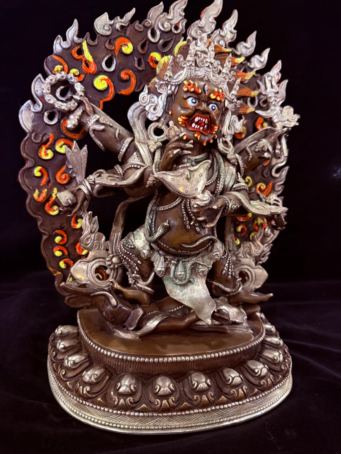 Six-Armed Mahakala Statue 33cm / 13" Hand-Carved Copper Silver-Gilt with Painted Mandorla – Shadbhuja Botree Arts Himalayan Art – Handmade Tibetan Buddhist Statue, Lost-Wax Cast Himalayan Art from Nepal
