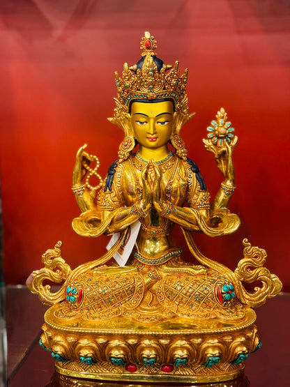 Chenrezig Buddha Statue 33cm / 13" Hand-Carved Copper Gilded with Gemstone Inlay – Four-Armed Avalokiteshvara Masterwork Botree Arts