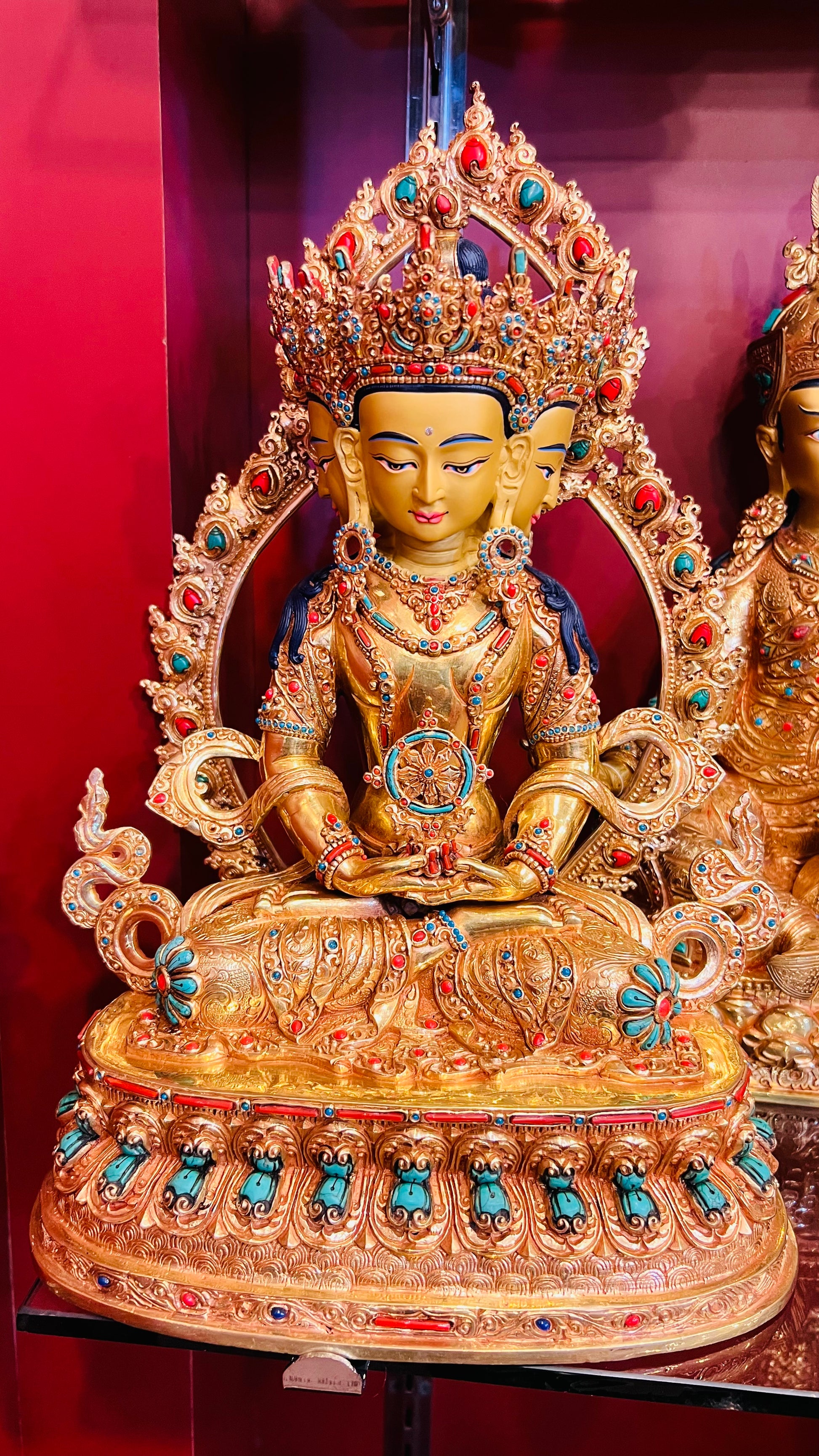 33cm Vairocana Buddha Statue Hand-Carved Copper Gilded with Gemstone Inlay & Mandorla – Tibetan Style Cosmic Buddha Masterwork Nepal | Bo Tree Arts