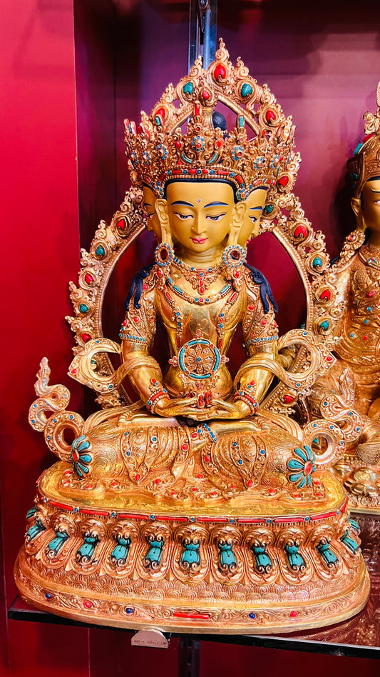 33cm Vairocana Buddha Statue Hand-Carved Copper Gilded with Gemstone Inlay & Mandorla – Tibetan Style Cosmic Buddha Masterwork Nepal | Bo Tree Arts