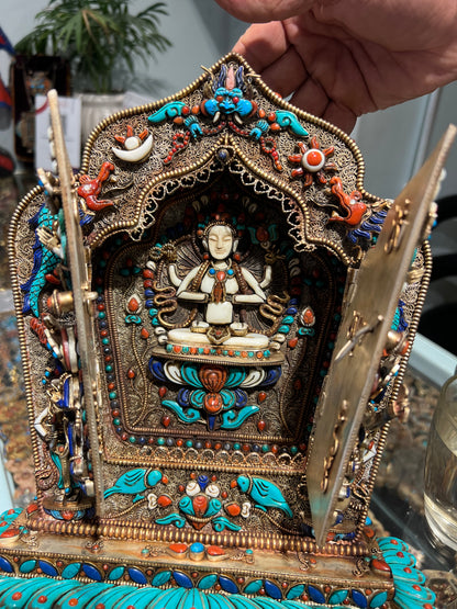 Gau Shrine 29.5cm / 11.6” x 25cm / 9.8” x 10cm / 3.9” Handcrafted with Turquoise & Lapis Lazuli – Portable Ritual Shrine Botree Arts Collection