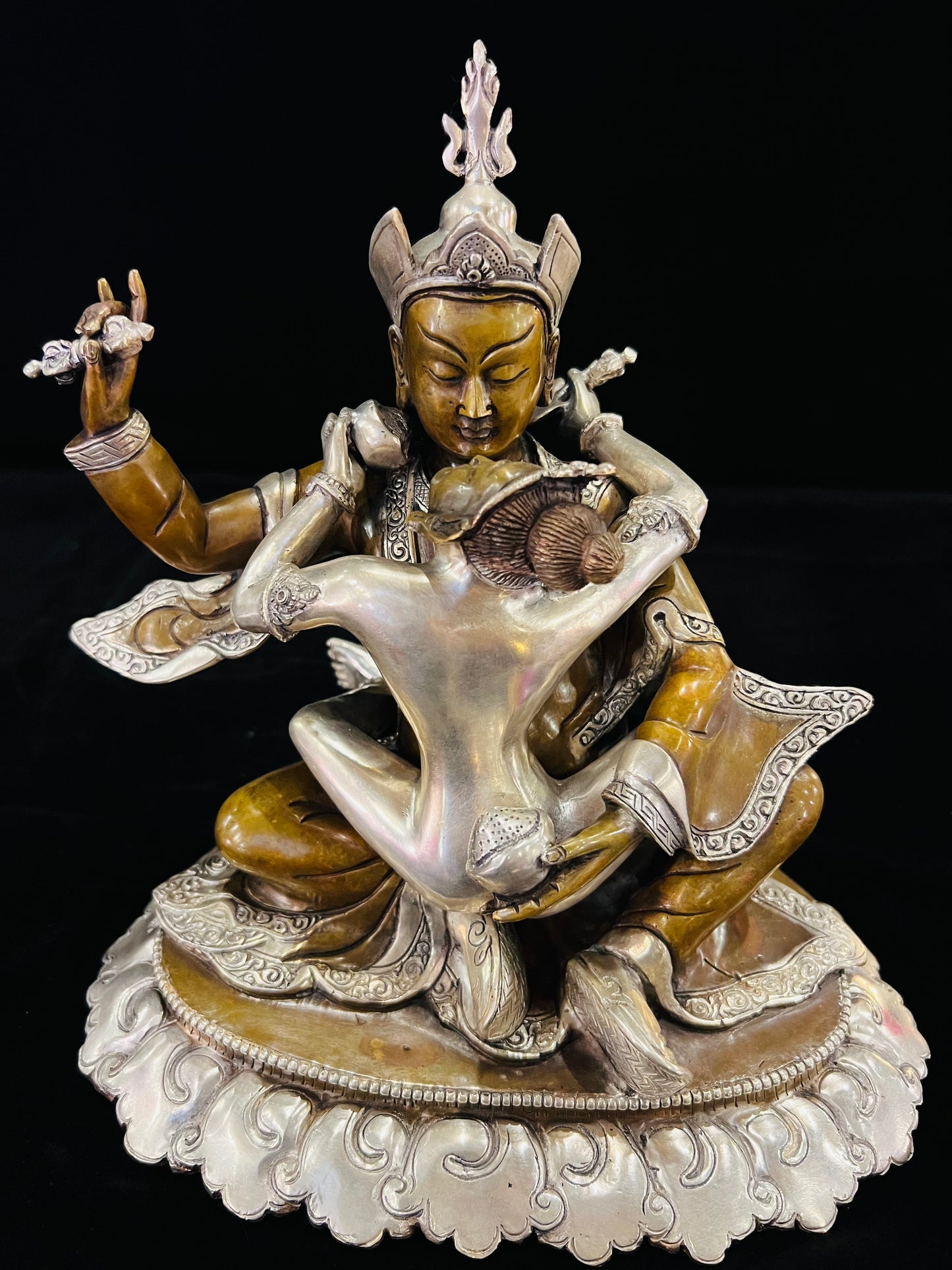Padmasambhava Yab-Yum Statue 24cm / 9.4" Hand-Carved Copper Silver-Gilt – Guru Rinpoche Botree Arts Masterwork – Handmade Tibetan Buddhist Statue, Lost-Wax Cast Himalayan Art from Nepal